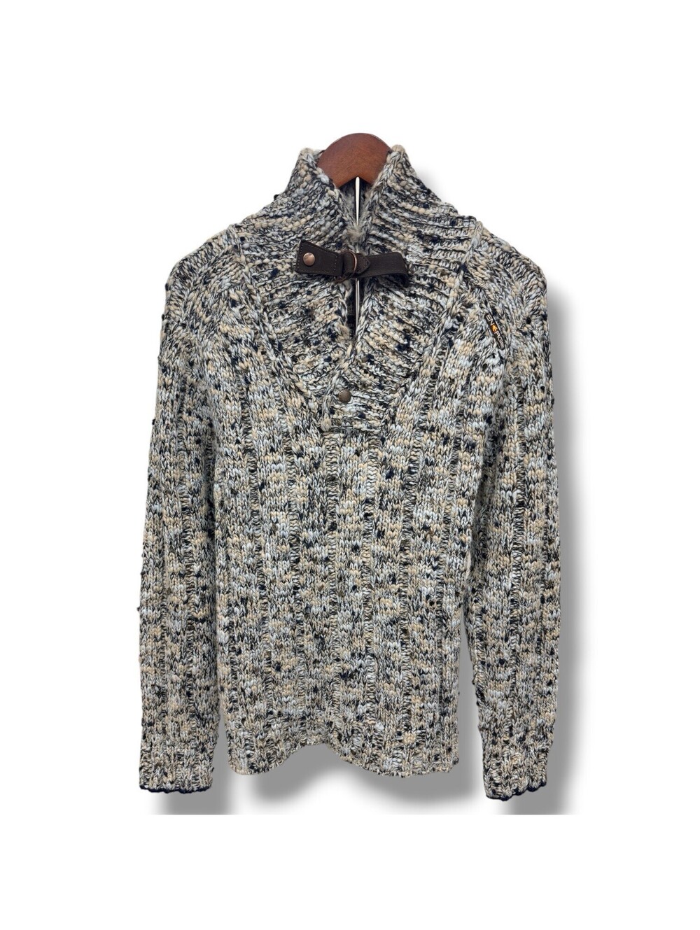 Energie Italy Shawl Neck Cable Knit Sweater XL Wool Blend Leather Toggle